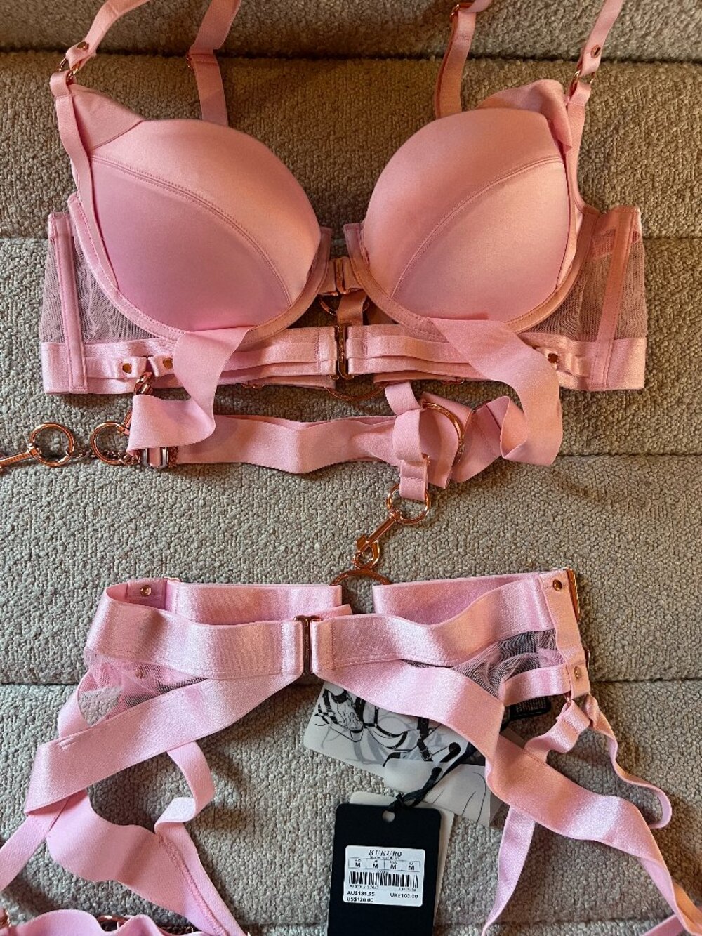 Honey Birdette Kukuro Pink Bra 36D & Suspender Set M